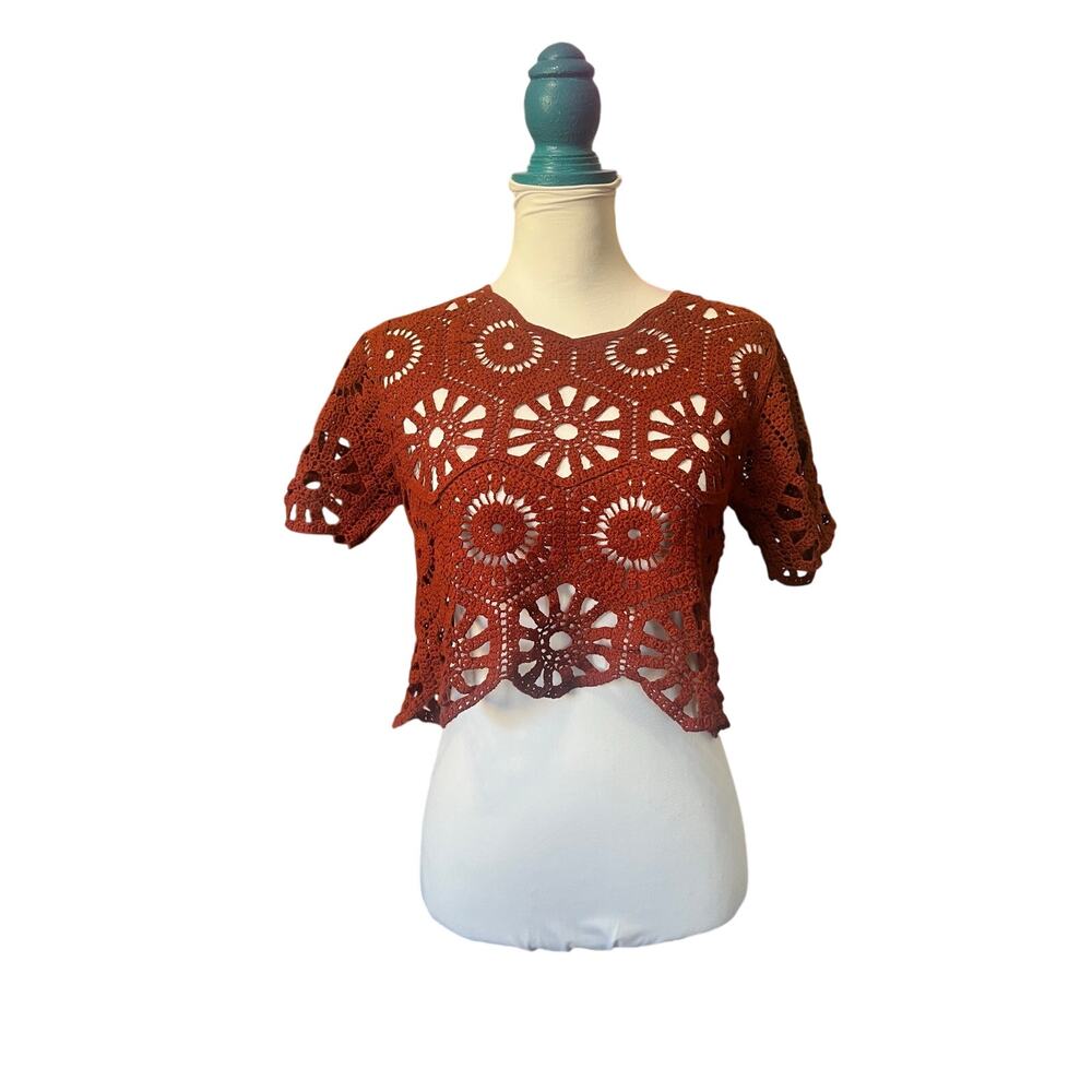 Rebellion Again Rust Orange Crochet Crop Top Small - Picture 2 of 10